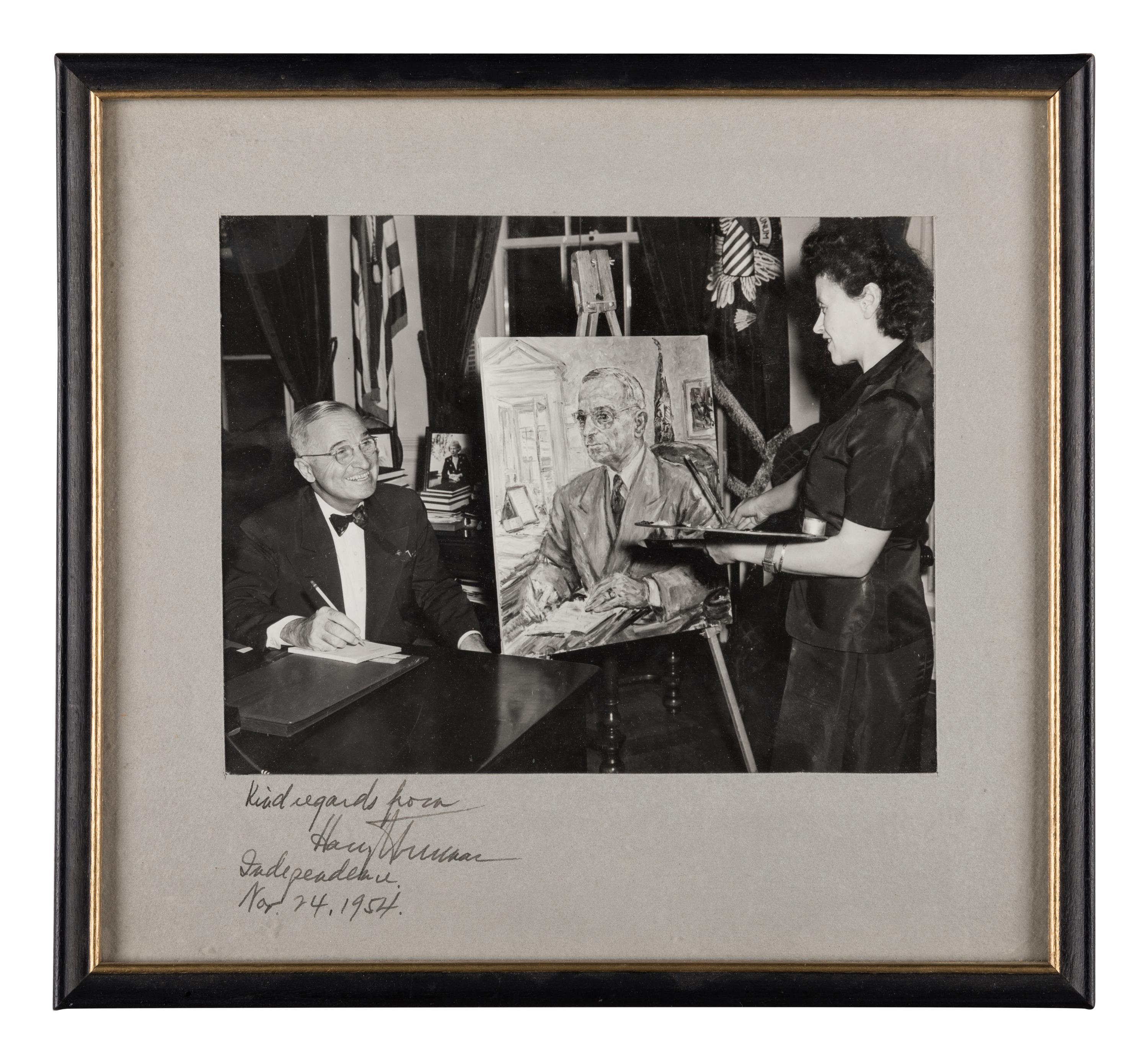 [KAUFMAN, Enit Zerner (1897-1961)] – [TRUMAN, Harry S. (1884-1972)] – Photograph signed and inscribed on mat ("Harry Truman.”), as former United States President to Enit Zerner KAUFMAN. Independence, Missouri: 24 November 1954.
