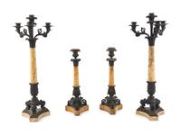 An Assembled French Marble and Bronze Five-Piece Clock Garniture