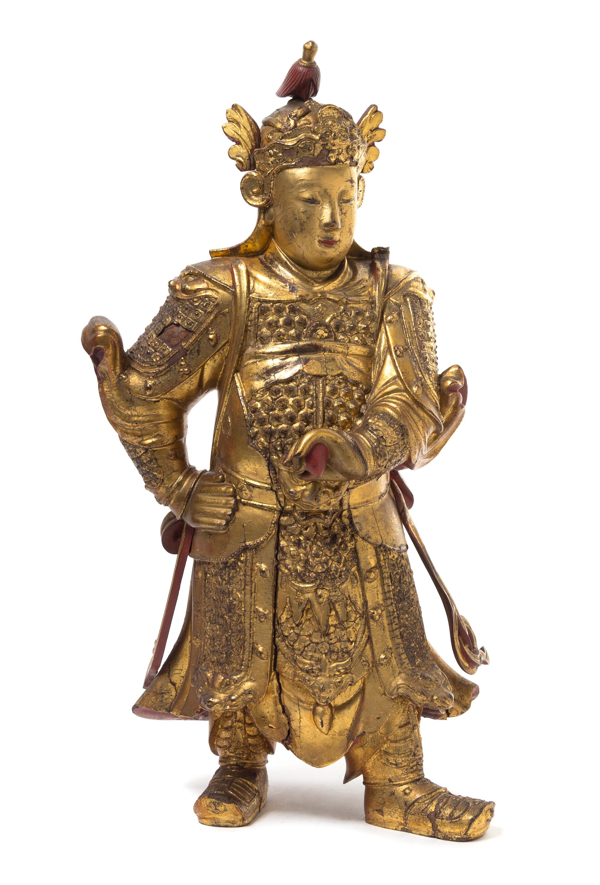 A Gilt and Red Lacquered Wood Figure of Immortal Weituo Height 27 inches. — MING-QING DYNASTY