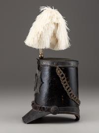 [MILITIA]. Fully-trimmed militia dragoon shako with original box. Manufactured by Joseph T. Bell, New York, ca 1840.