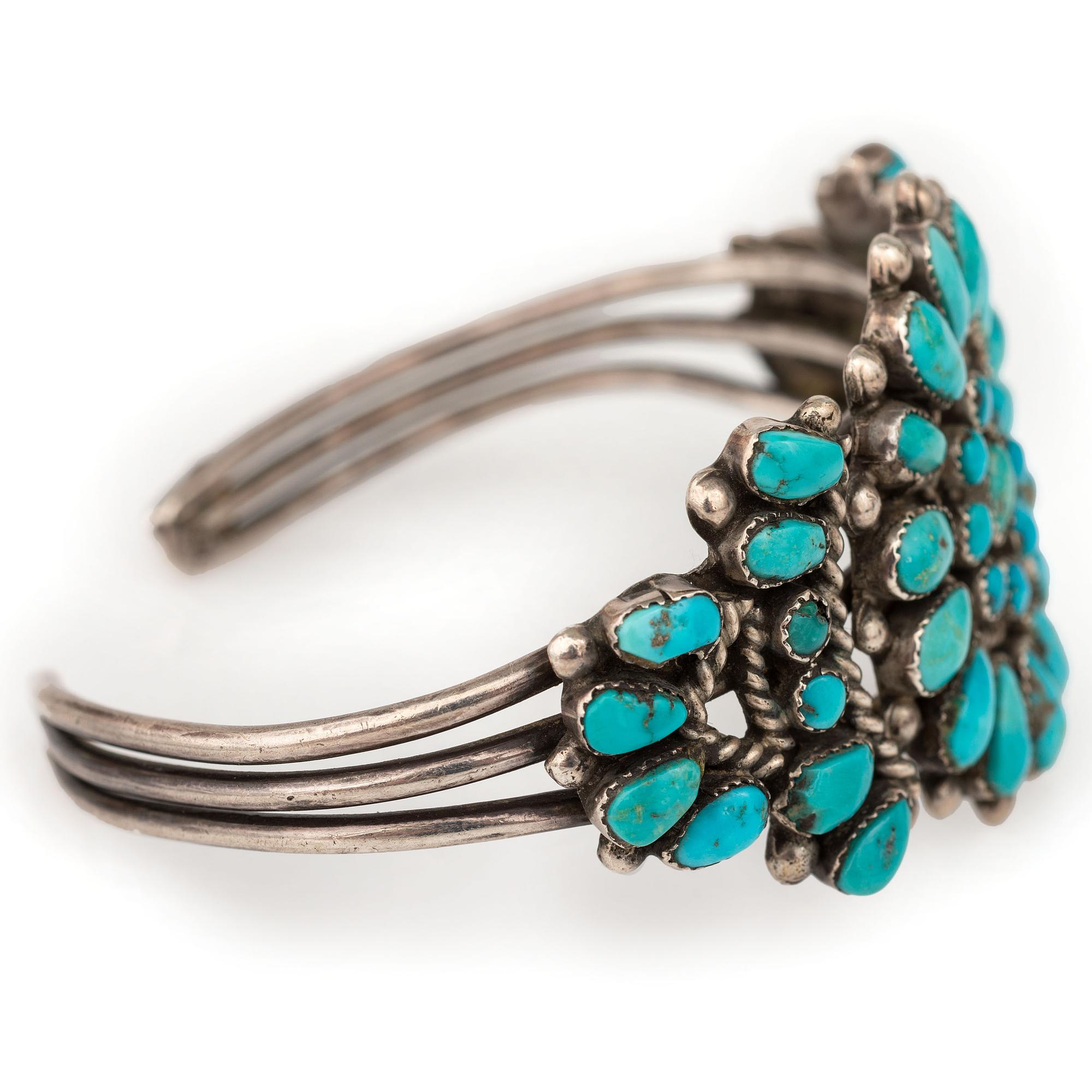 Zuni Silver and Turquoise Cluster Cuff Bracelet
