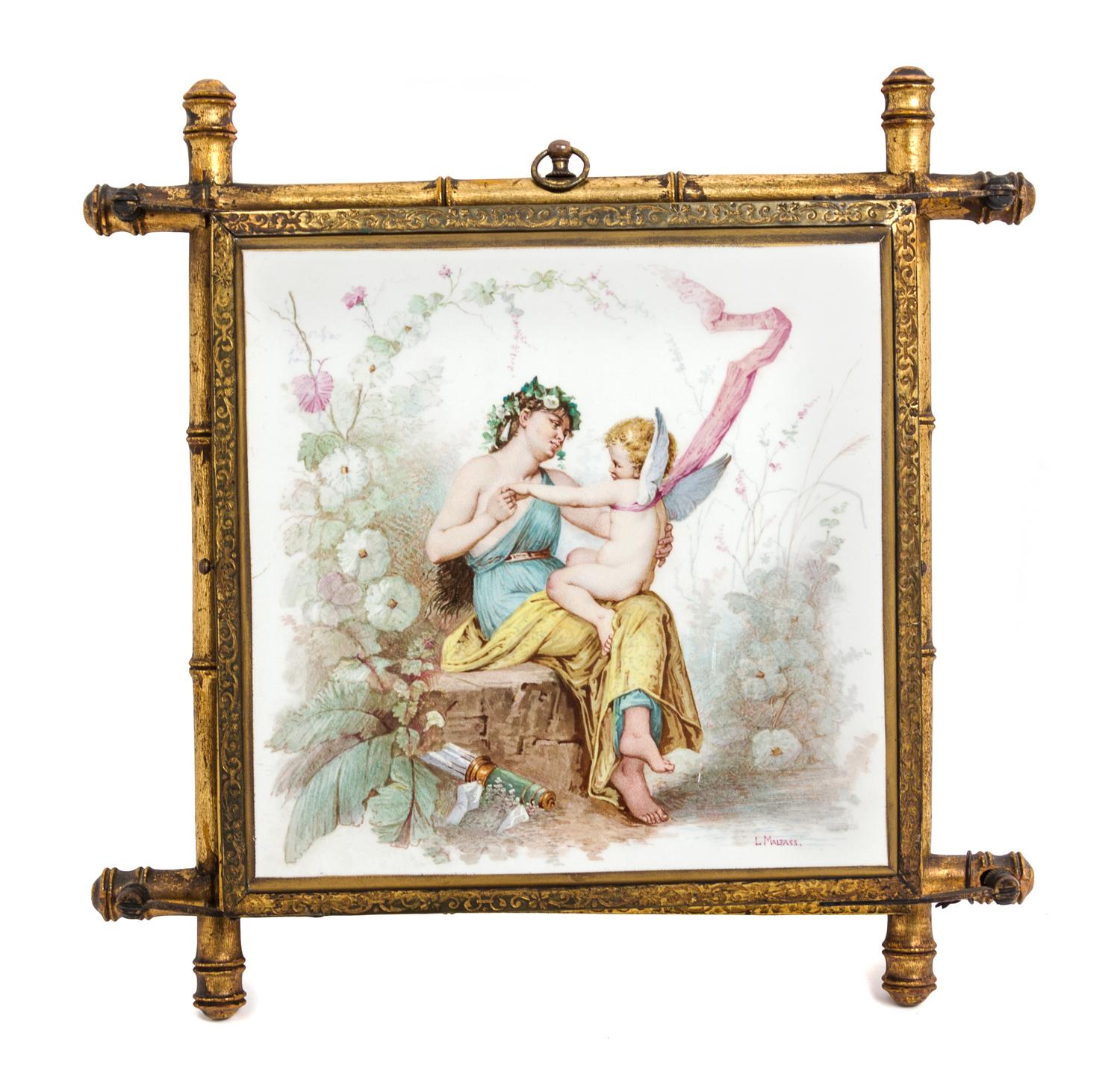 A Continental Porcelain Mounted Three-Panel Mirror Height 13 x width 33 5/8 inches (open). — 19TH CENTURY