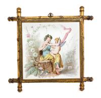 A Continental Porcelain Mounted Three-Panel Mirror Height 13 x width 33 5/8 inches (open). — 19TH CENTURY