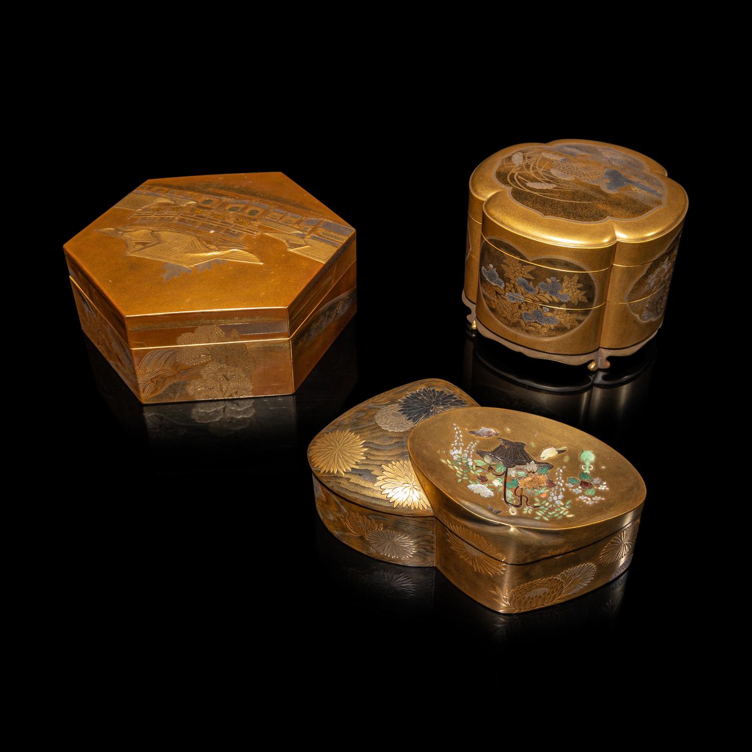 Three Japanese Gold Lacquer Covered Boxes, 19th Century