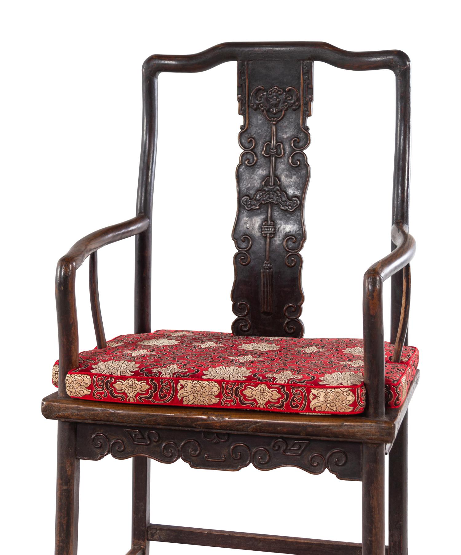 A Pair of Chinese Brown Lacquered Elmwood Scholar's Armchairs, Guanmaoyi