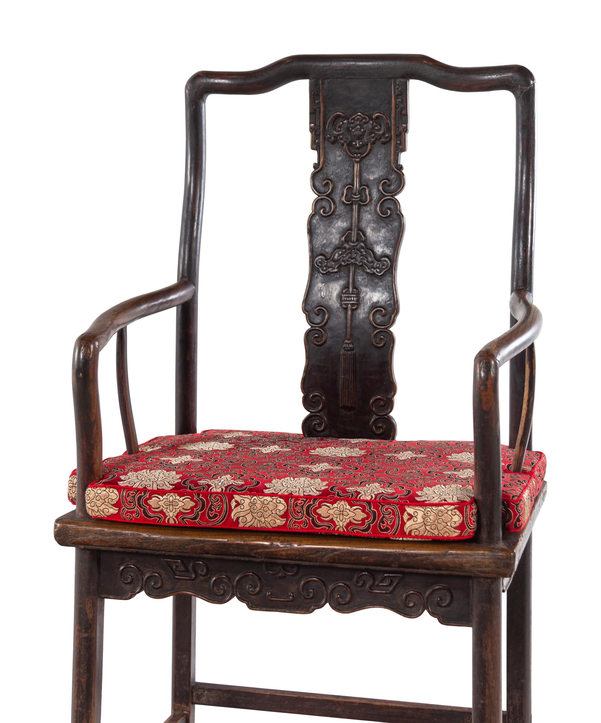 A Pair of Chinese Brown Lacquered Elmwood Scholar's Armchairs, Guanmaoyi