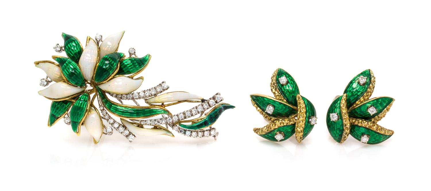 An 18 Karat Yellow Gold, Diamond and Polychrome Enamel Demi Parure, Circa 1960, 37.30 dwts.