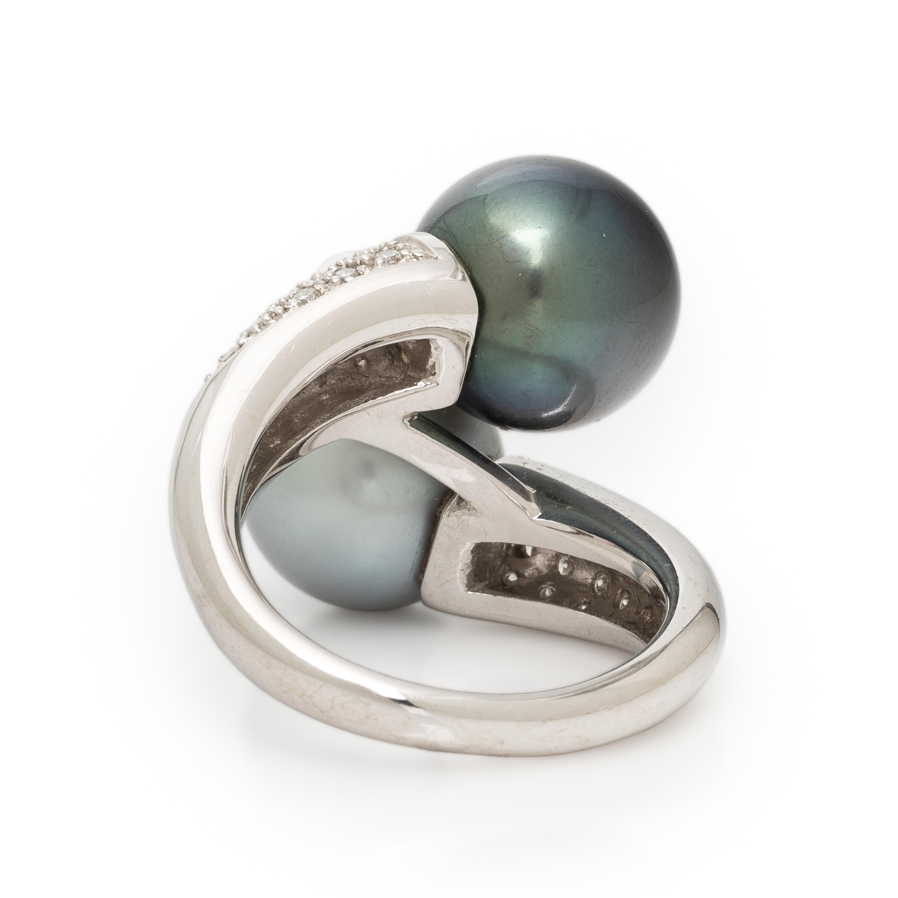 Cultured Pearl, Diamond, and White Gold Bypass Ring