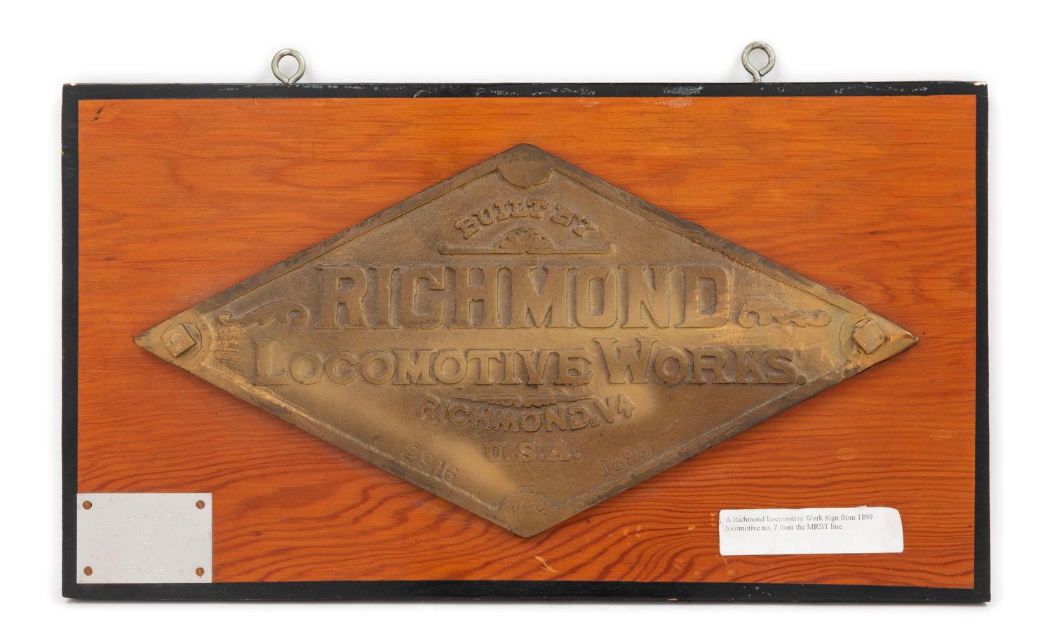 Two Painted Metal Richmond Locomotive Works Locomotive Badges for the MR & BT Railroad.