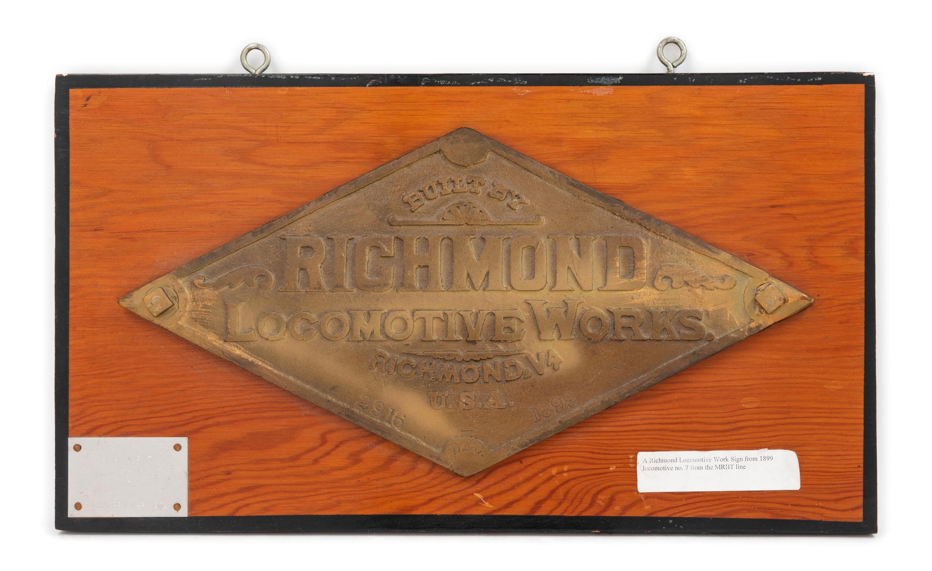 Two Painted Metal Richmond Locomotive Works Locomotive Badges for the MR & BT Railroad.