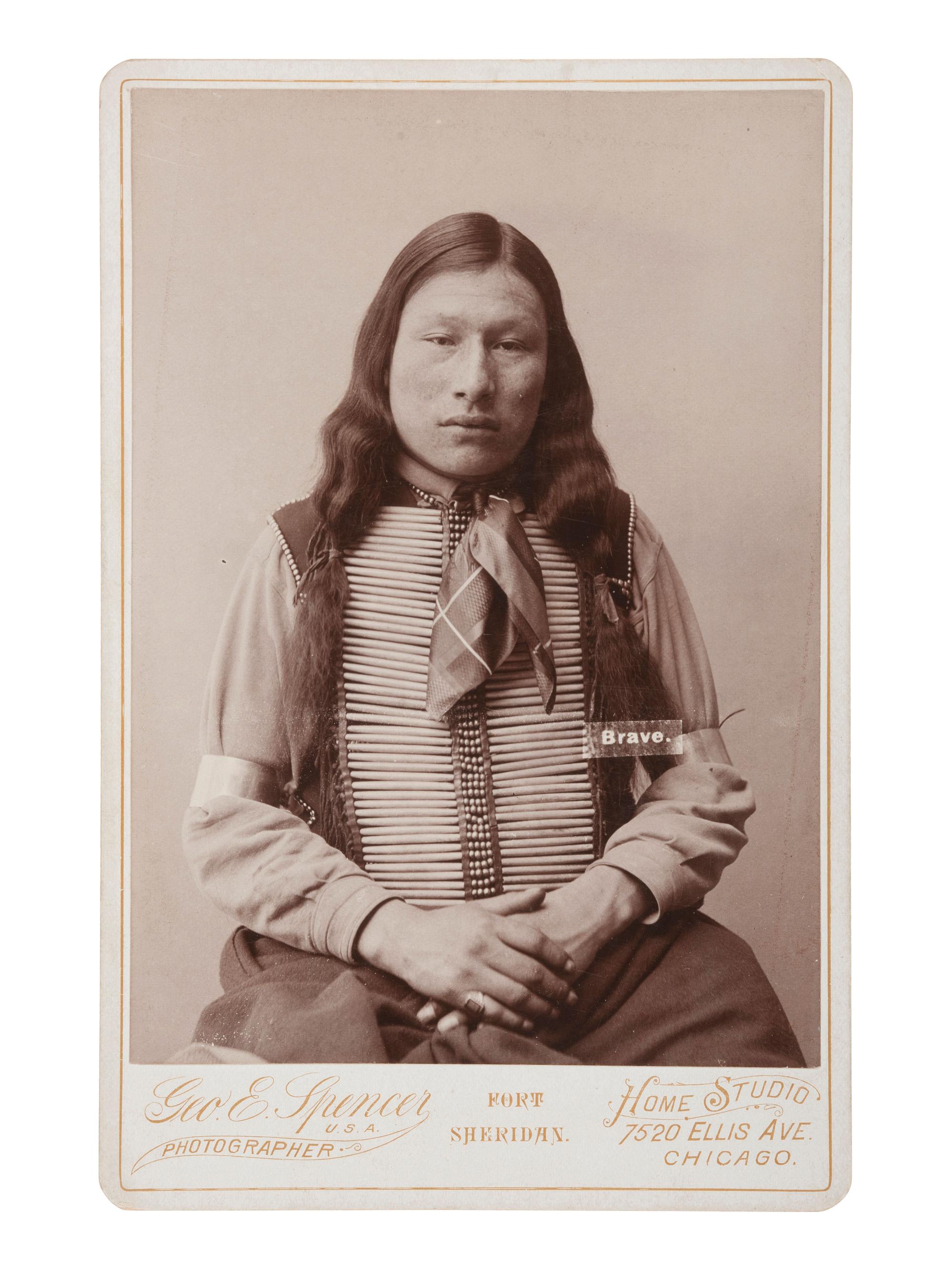 [NATIVE AMERICANS]. Cabinet card of a Sioux Brave taken prisoner at Pine Ridge and brought to Fort Sheridan. Chicago, IL: George Spencer, ca 1883.