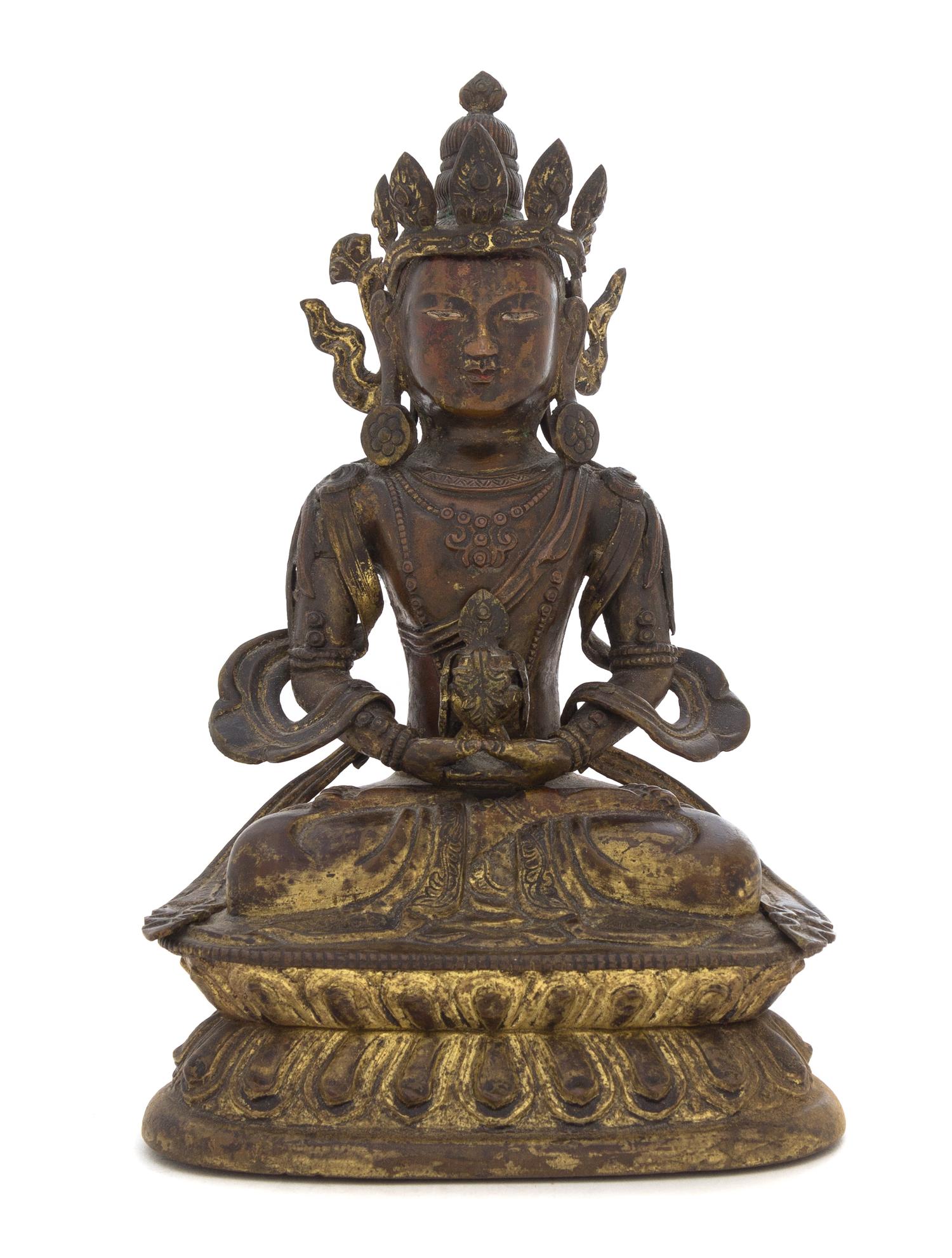 A Sino-Tibetan Gilt Bronze Figure of a Seated Bodhisattva Height 7 1/2 inches.