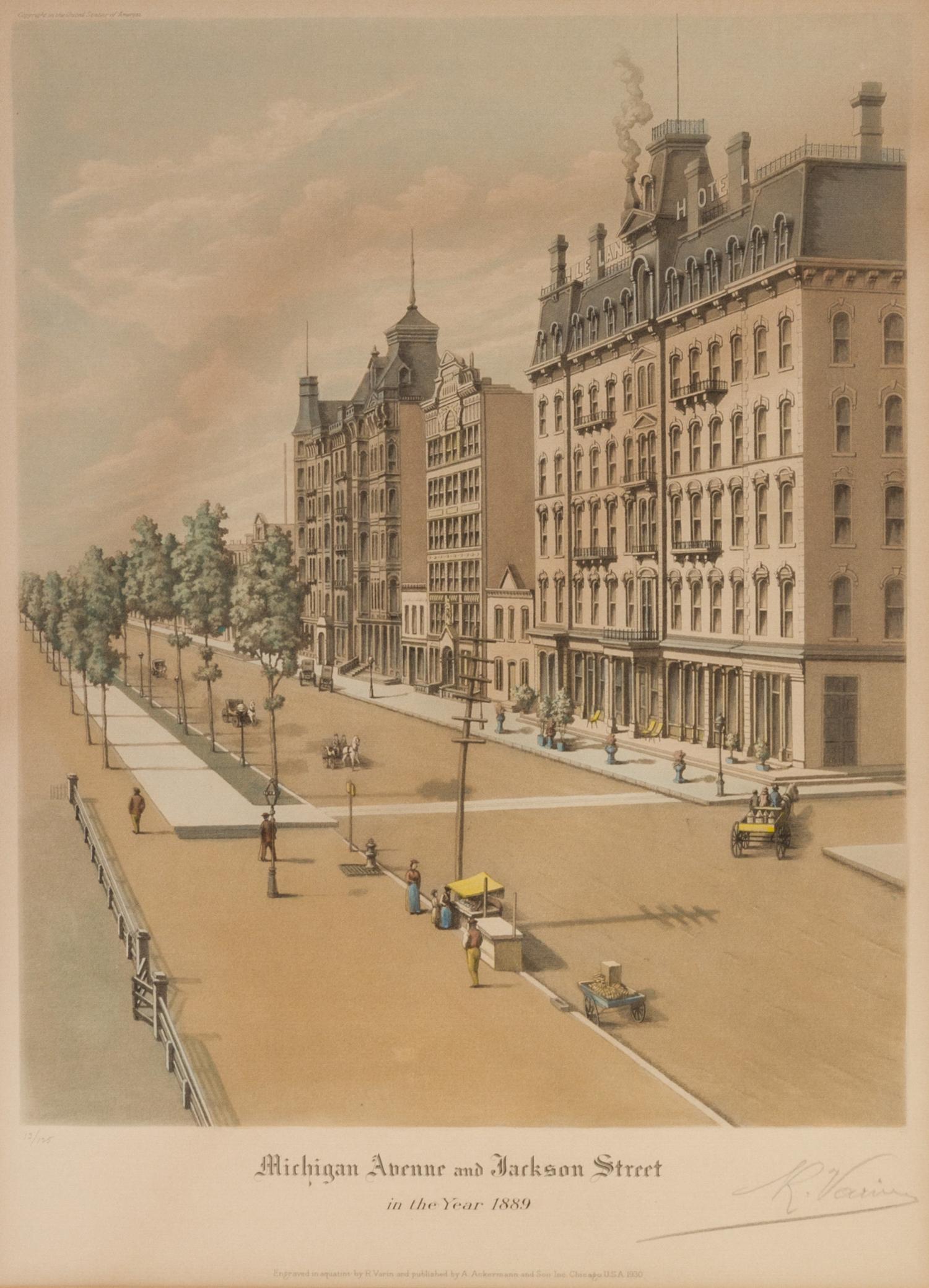 (CHICAGO) VARIN, RAOUL. A group of four original color aquatints, depicting various views of Chicago, various dates. Framed.