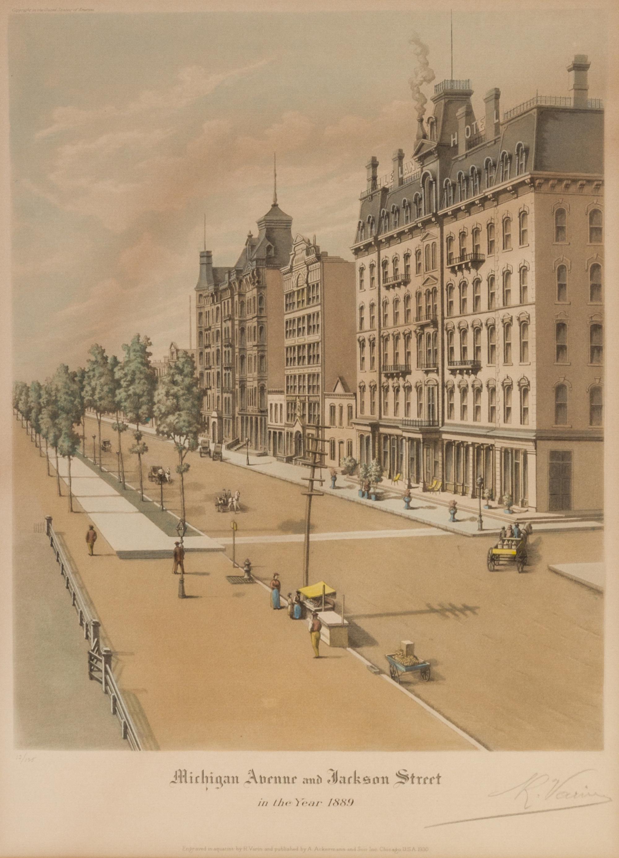 (CHICAGO) VARIN, RAOUL. A group of four original color aquatints, depicting various views of Chicago, various dates. Framed.