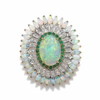 OPAL, DIAMOND AND EMERALD PENDANT BROOCH