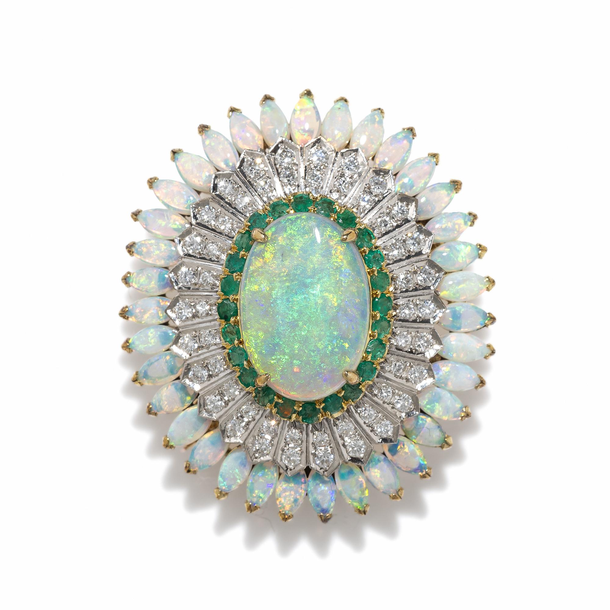 OPAL, DIAMOND AND EMERALD PENDANT BROOCH