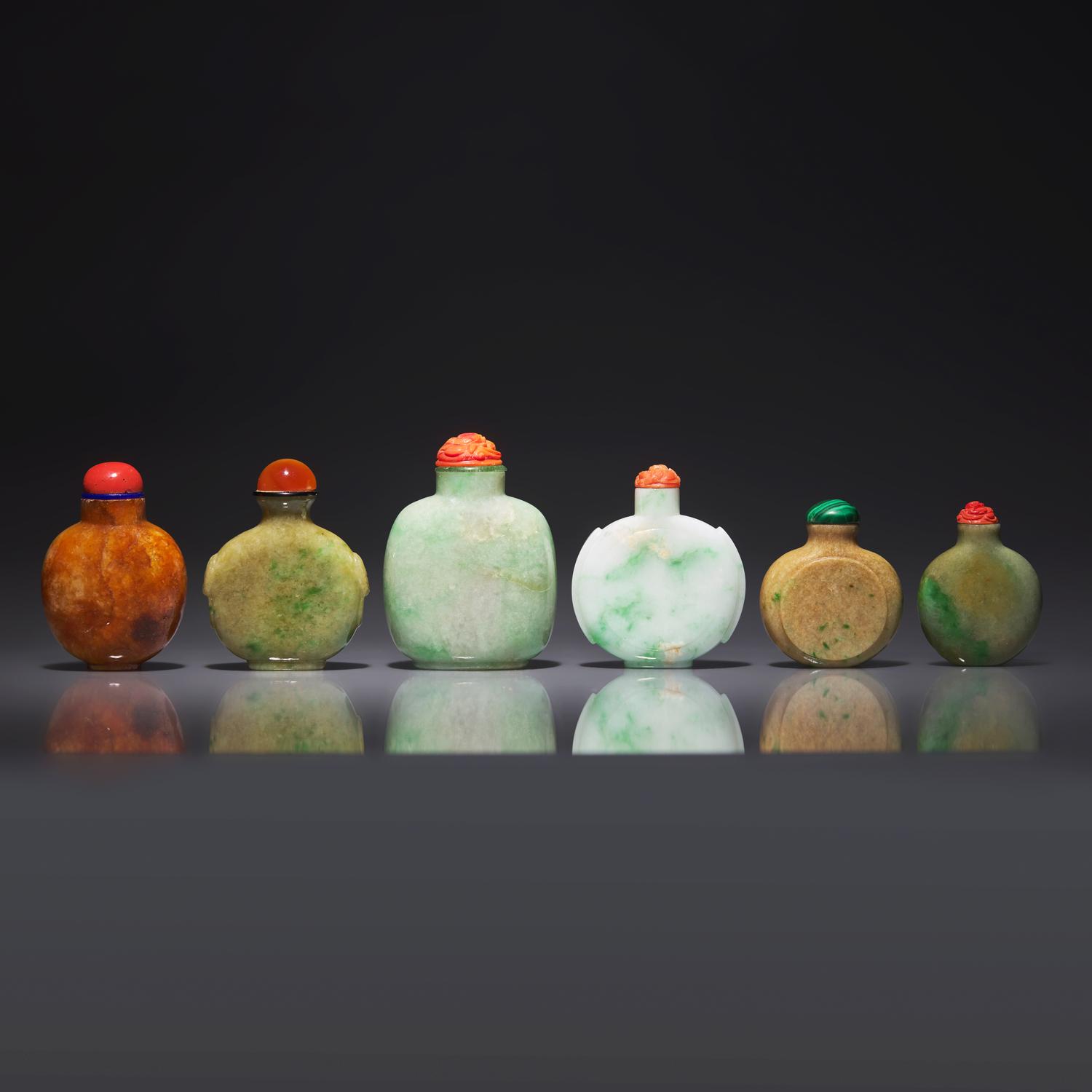 Six Chinese Jadeite Snuff Bottles 翡翠鼻烟壺六支