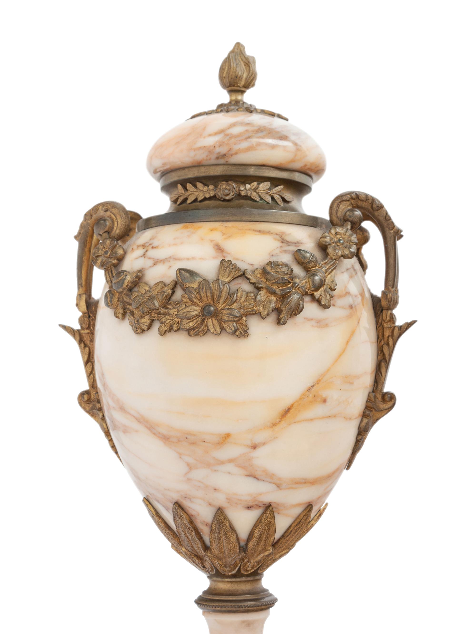 A Pair of Gilt Bronze Mounted Marble Urns
