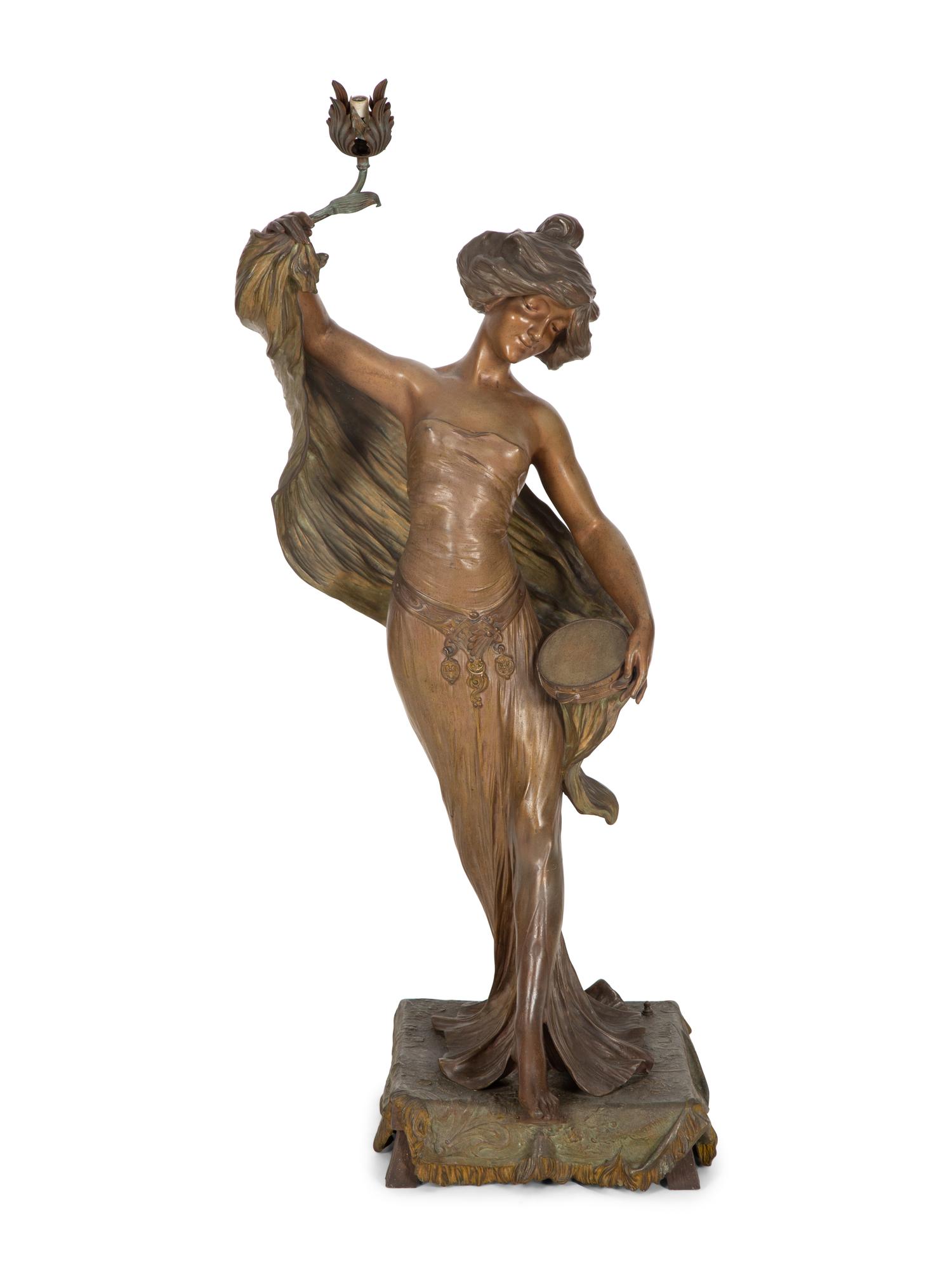 A Patinated Metal Figure of a Standing Maiden Mounted as a Lamp