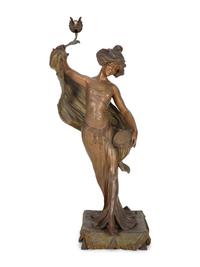 A Patinated Metal Figure of a Standing Maiden Mounted as a Lamp