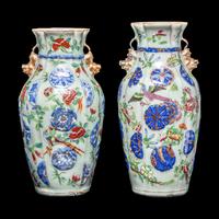A Matched Pair of Chinese Celadon Ground Famille Rose Porcelain Vases