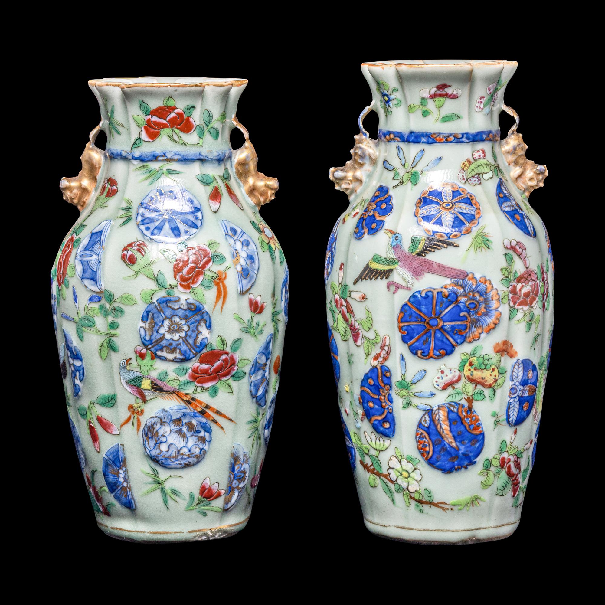 A Matched Pair of Chinese Celadon Ground Famille Rose Porcelain Vases