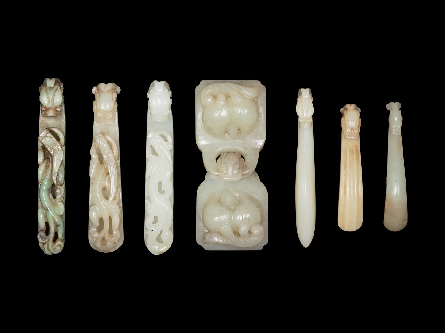 Seven Chinese Carved Celadon Jade Belt Ornaments