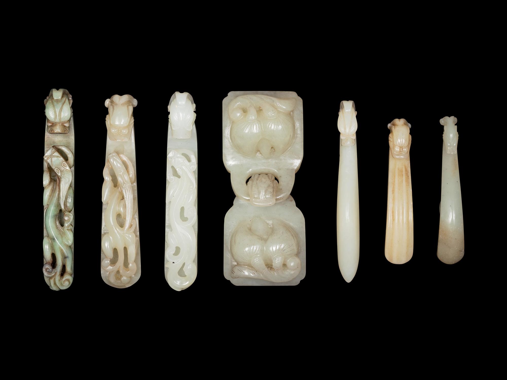Seven Chinese Carved Celadon Jade Belt Ornaments