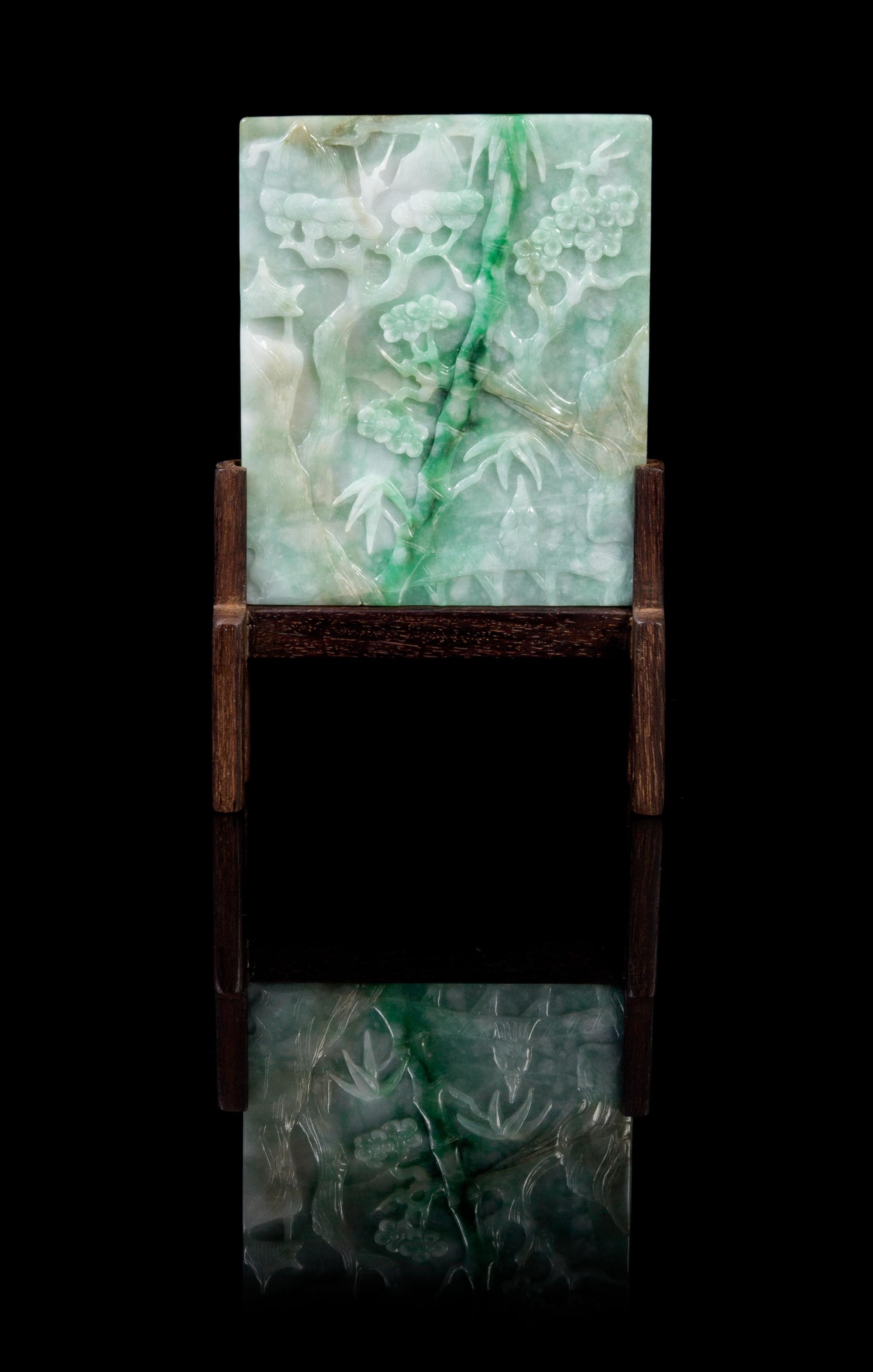 A Chinese Jadeite Plaque LATE 19TH/20TH CENTURY Height of jadeite 4 x width 3 1/4 inches. — LATE 19TH/20TH CENTURY
