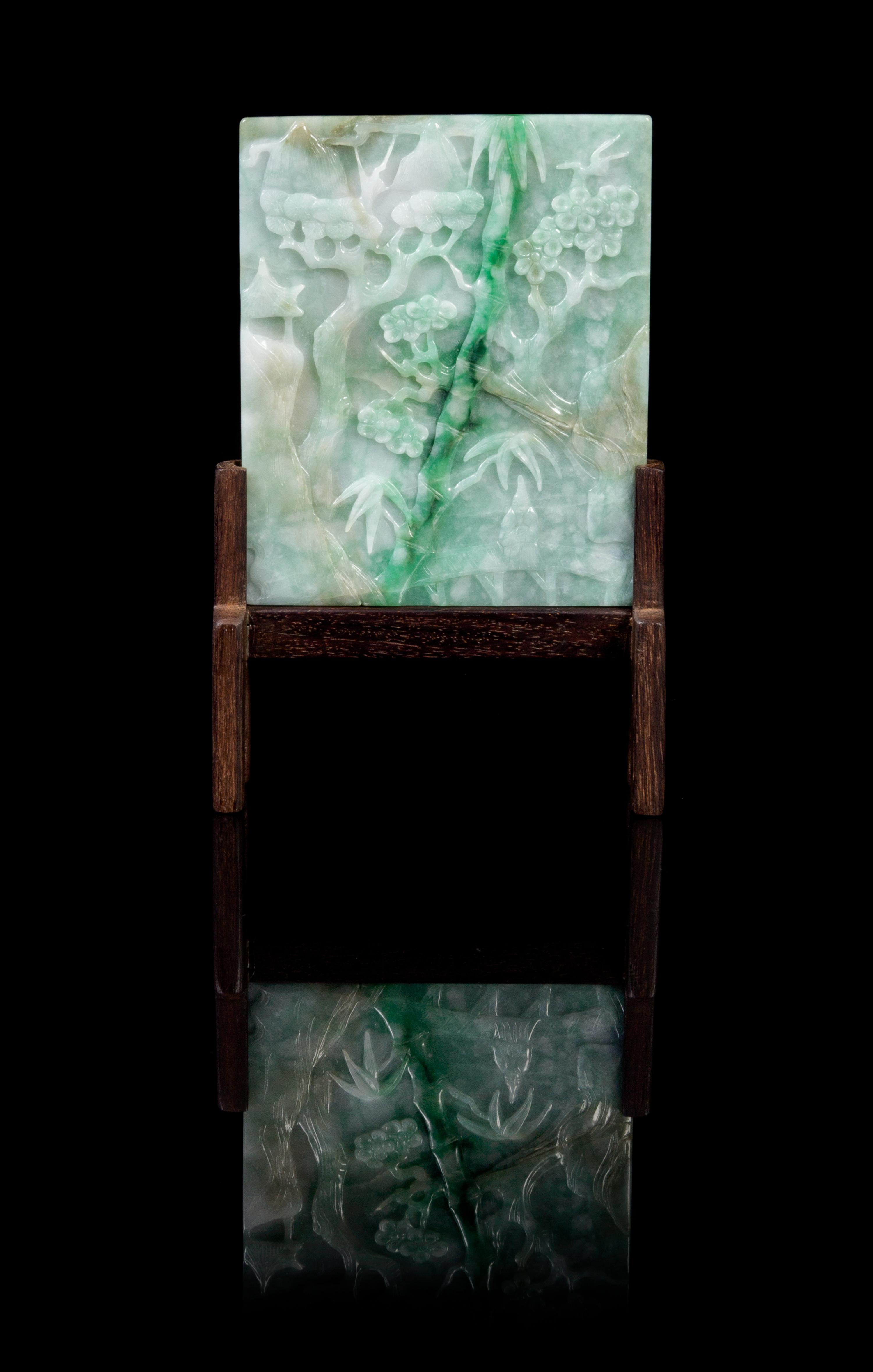 A Chinese Jadeite Plaque LATE 19TH/20TH CENTURY Height of jadeite 4 x width 3 1/4 inches. — LATE 19TH/20TH CENTURY