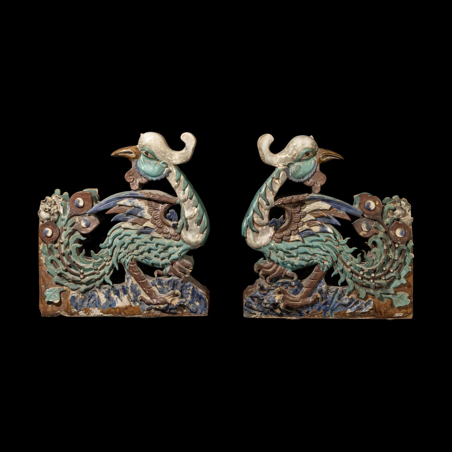 A Pair of Large Chinese Glazed Stoneware Architectural Tilework Phoenixes, Late 18th/19th Century 清中期 琉璃鳳凰大鴟吻一對