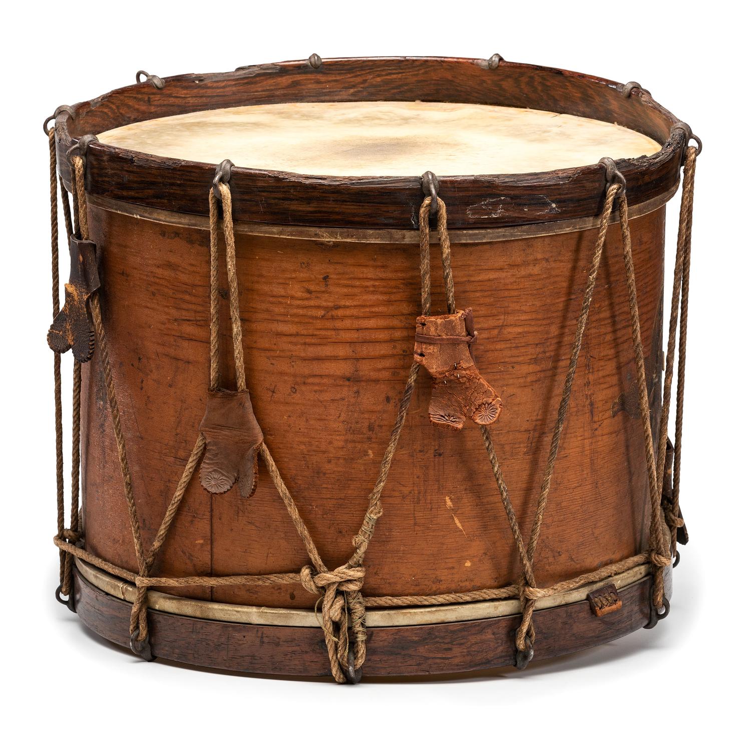 Civil War painted military snare drum featuring four drummers and officer. Manufactured by W.G. Metzerott & Co., Washington City, DC.