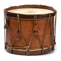 Civil War painted military snare drum featuring four drummers and officer. Manufactured by W.G. Metzerott & Co., Washington City, DC.