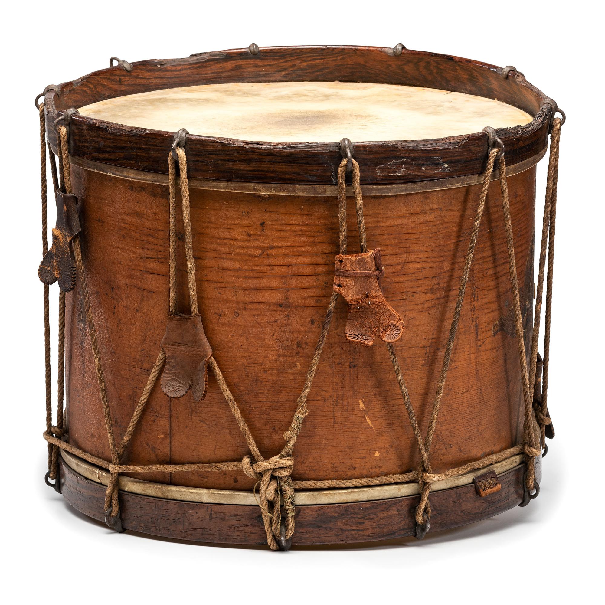 Civil War painted military snare drum featuring four drummers and officer. Manufactured by W.G. Metzerott & Co., Washington City, DC.