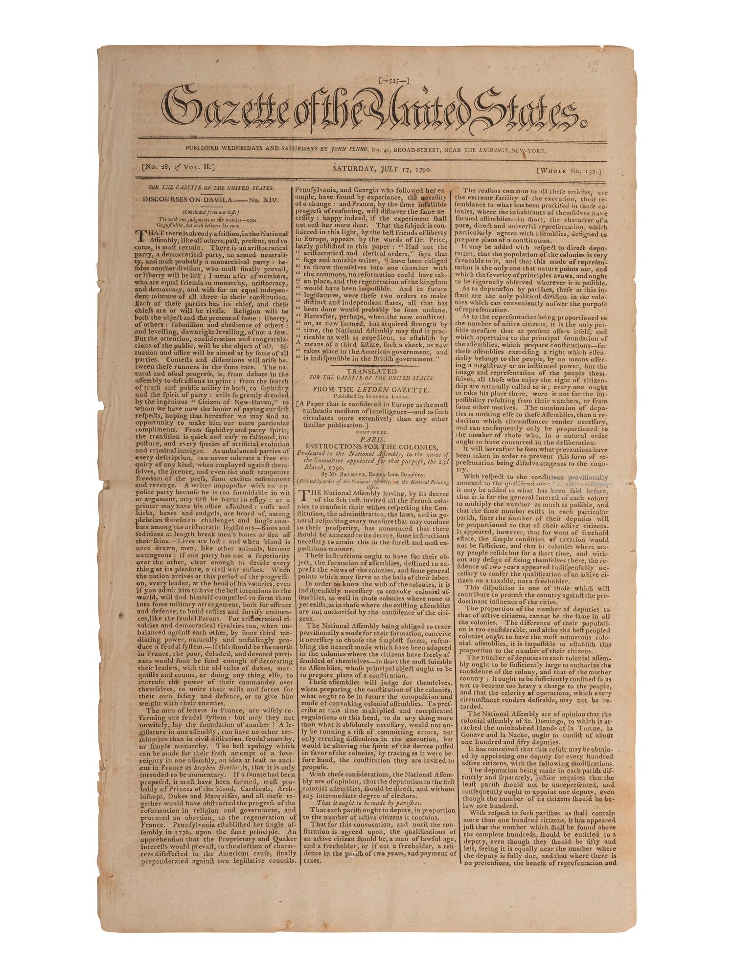 [WASHINGTON, DC]. First newspaper printing of the Act establishing the Federal Capital City.