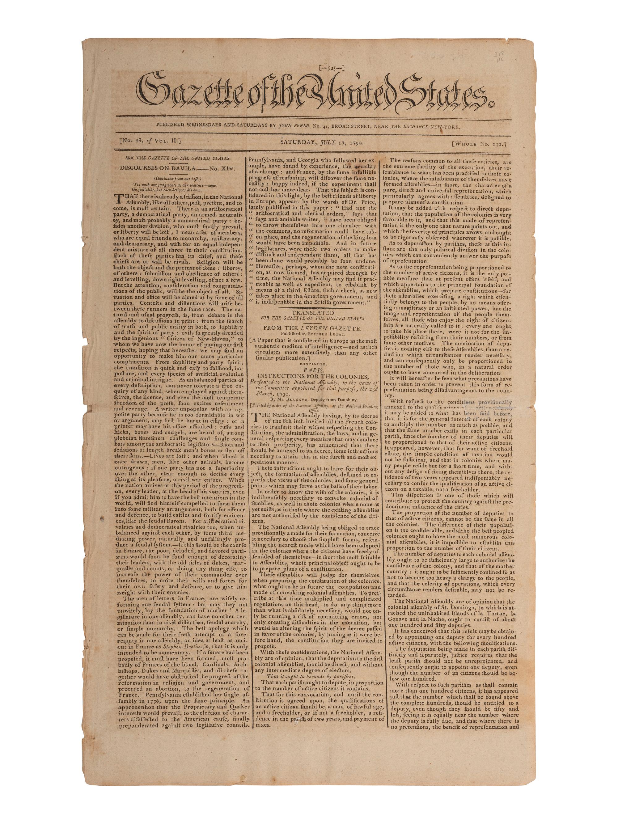 [WASHINGTON, DC]. First newspaper printing of the Act establishing the Federal Capital City.