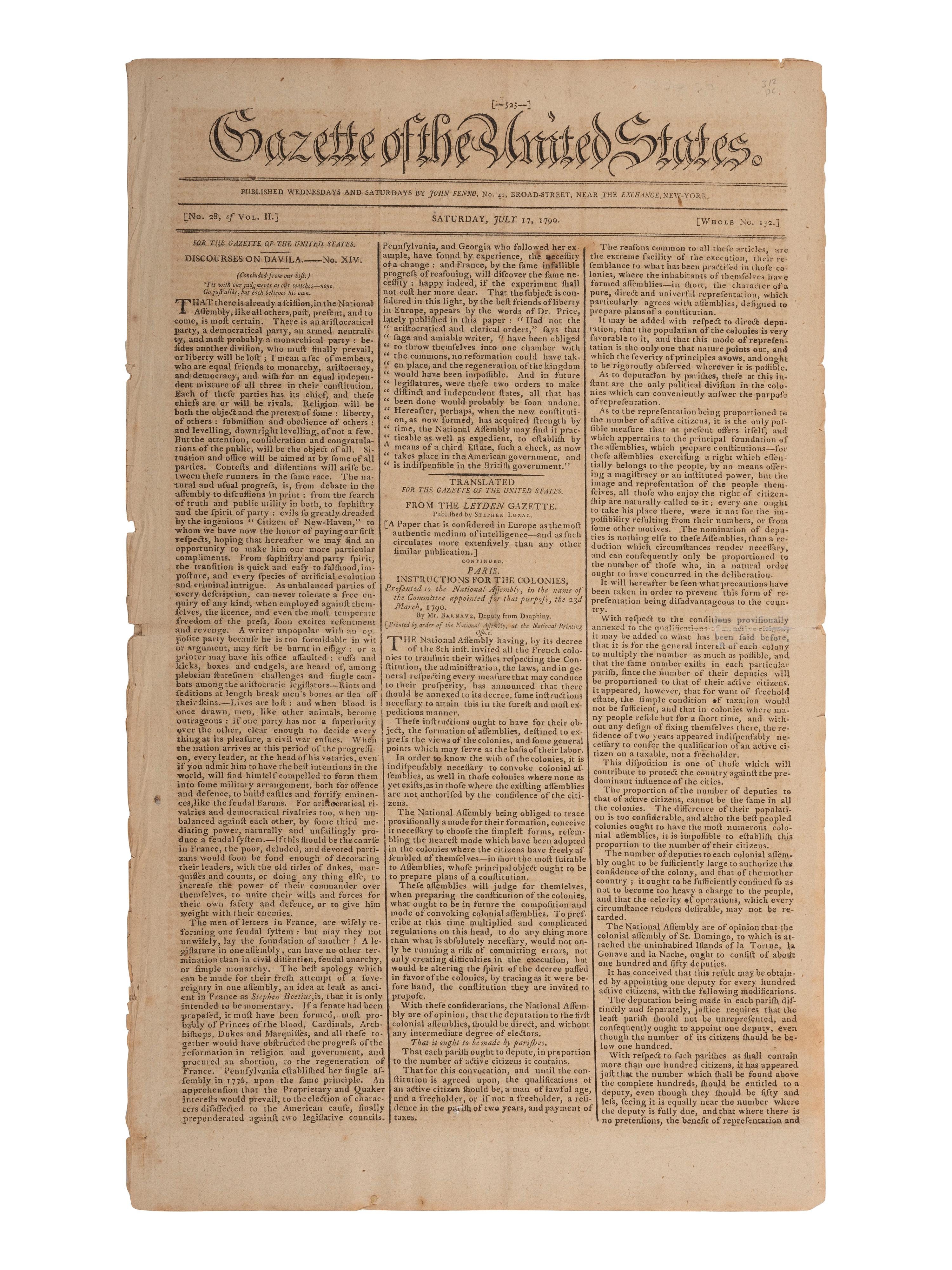 [WASHINGTON, DC]. First newspaper printing of the Act establishing the Federal Capital City.
