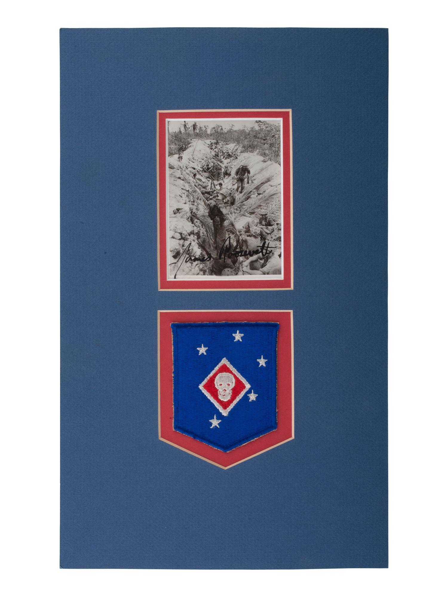[ROOSEVELT, James (1907-1991)]. Photograph of US Marine Raiders signed ("James Roosevelt") with patch.