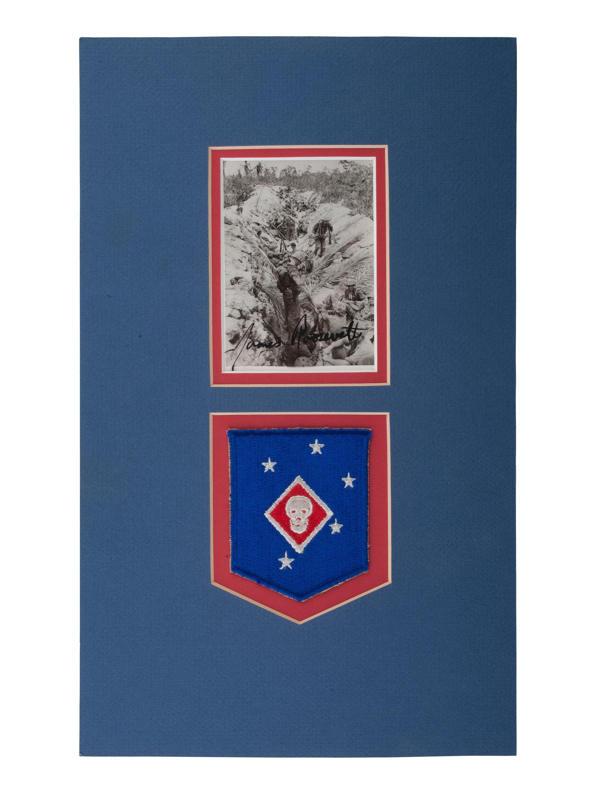[ROOSEVELT, James (1907-1991)]. Photograph of US Marine Raiders signed ("James Roosevelt") with patch.
