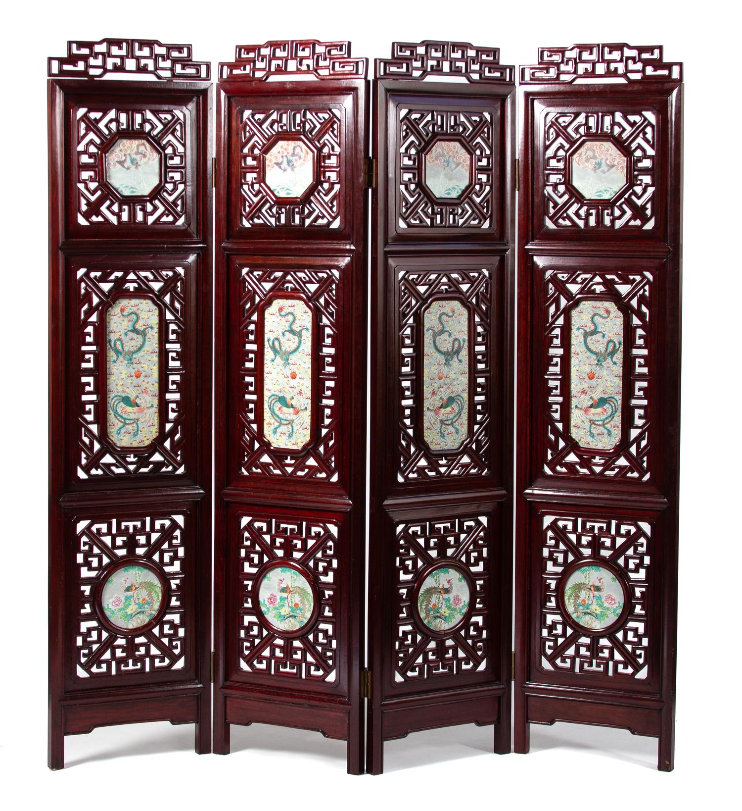 A Chinese Carved Hardwood Porcelain Inset Four Panel Floor Screen