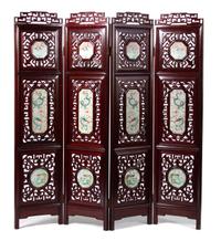 A Chinese Carved Hardwood Porcelain Inset Four Panel Floor Screen