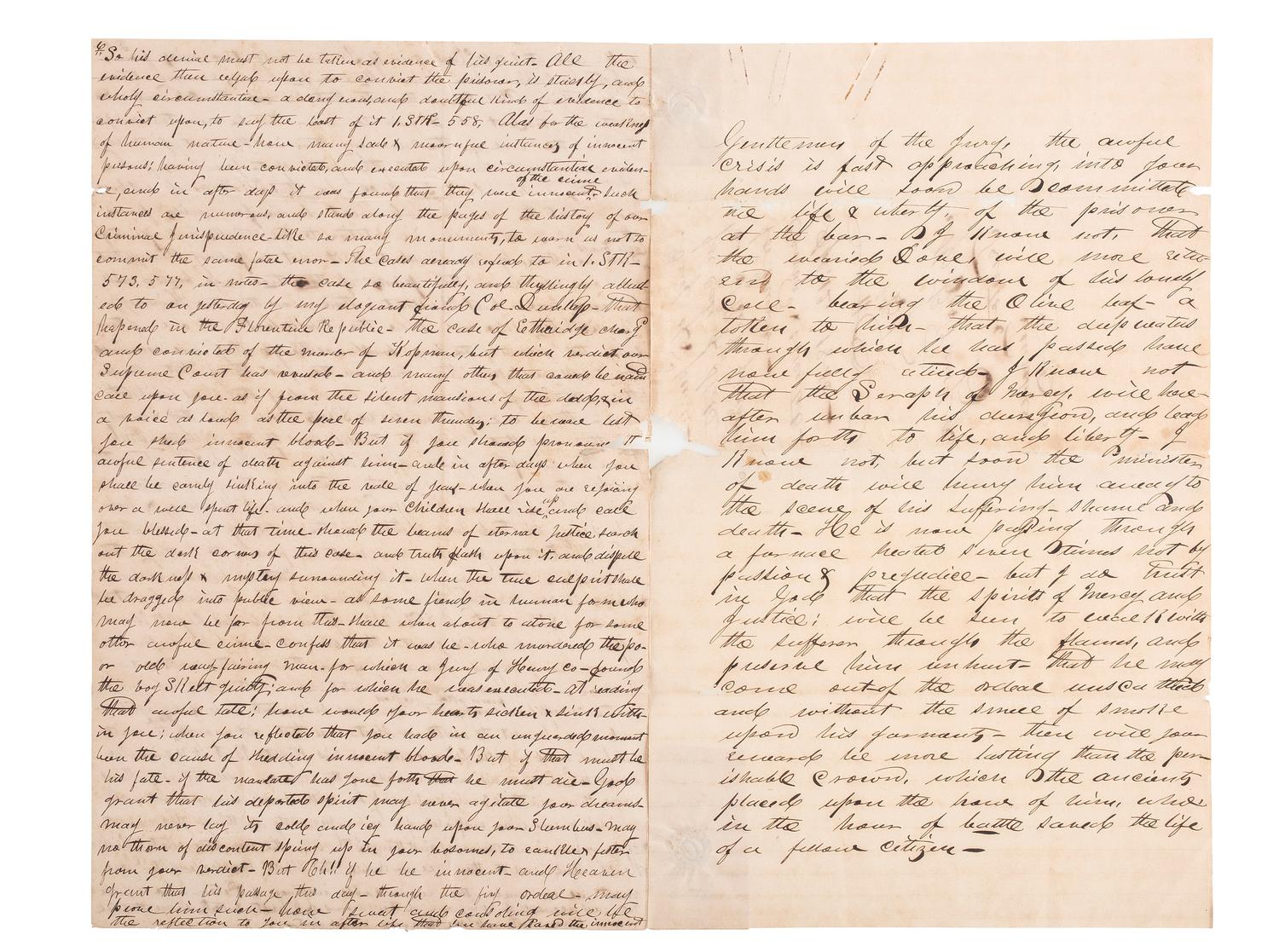 [SLAVERY & ABOLITION]. Manuscript trial speech given by M.B. King in defense of Skelt Greer, an enslaved man convicted of murder.
