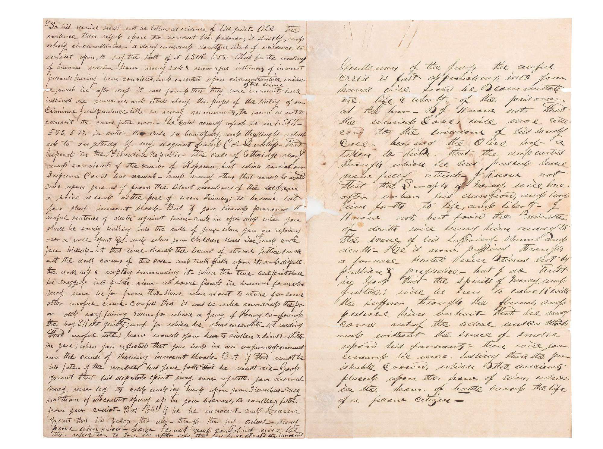 [SLAVERY & ABOLITION]. Manuscript trial speech given by M.B. King in defense of Skelt Greer, an enslaved man convicted of murder.