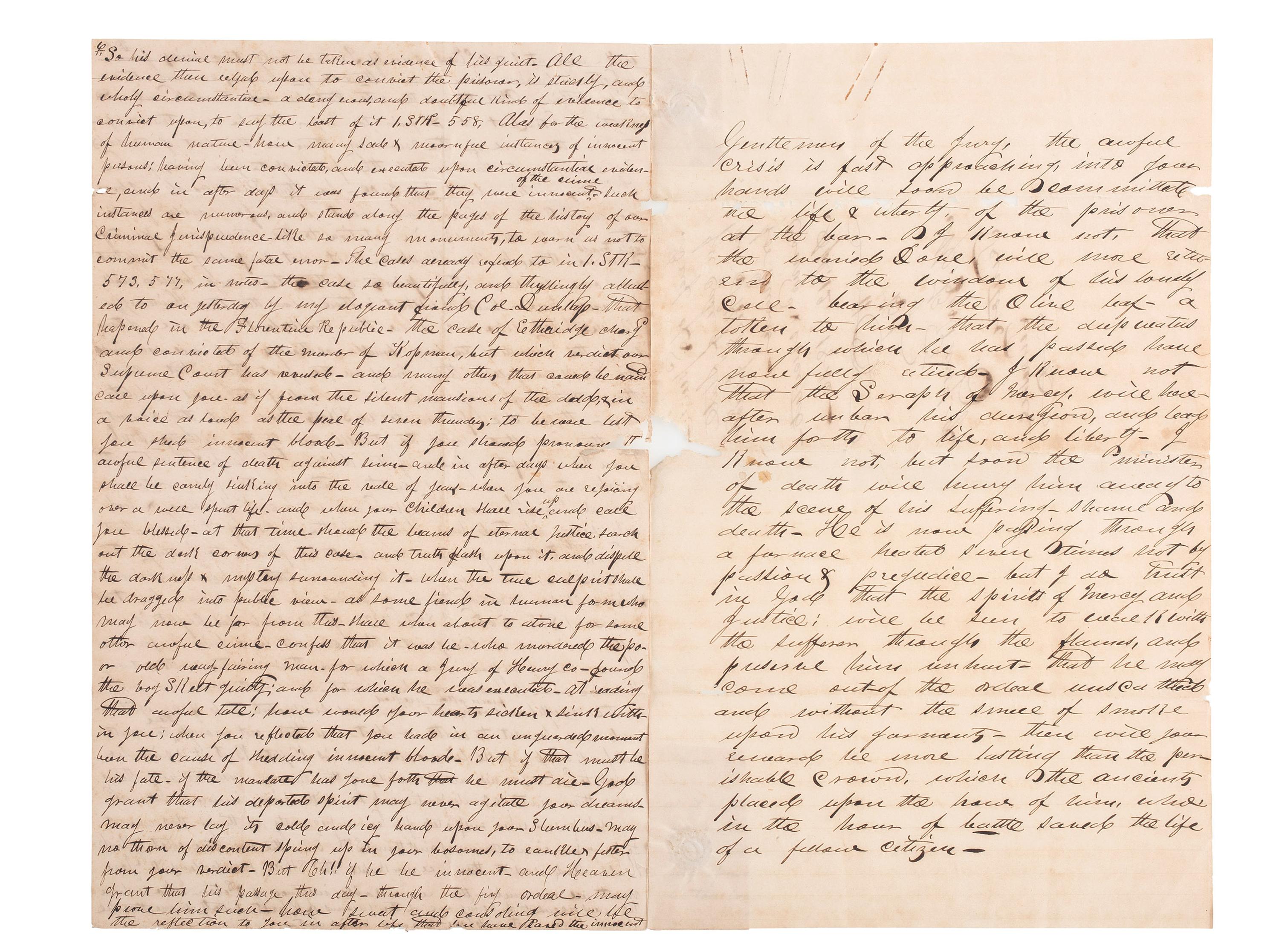 [SLAVERY & ABOLITION]. Manuscript trial speech given by M.B. King in defense of Skelt Greer, an enslaved man convicted of murder.