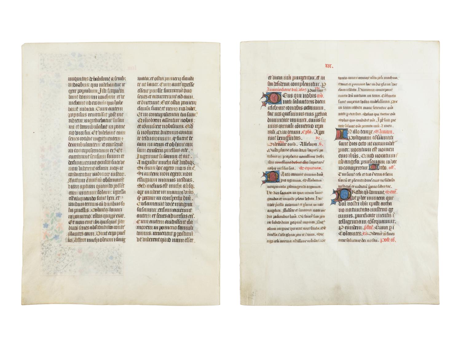 BREVIARY WITH MODERN ILLUMINATION Two leaves from a Breviary, with a modern miniature of the Nativity, in Latin, illuminated manuscript on parchment [France, Loire Valley, c. 1450–1460 (text); modern (illumination)]
