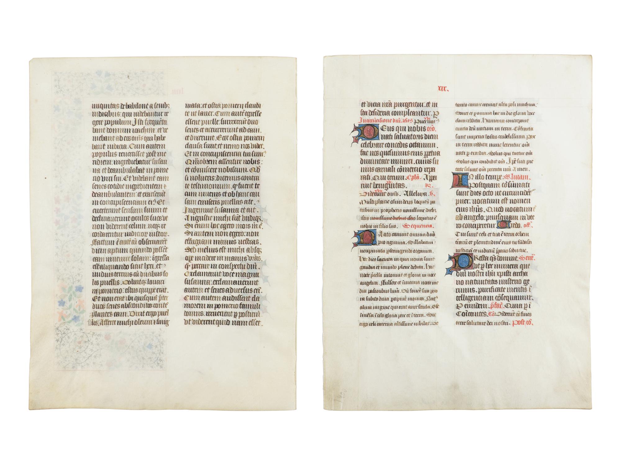 BREVIARY WITH MODERN ILLUMINATION Two leaves from a Breviary, with a modern miniature of the Nativity, in Latin, illuminated manuscript on parchment [France, Loire Valley, c. 1450–1460 (text); modern (illumination)]