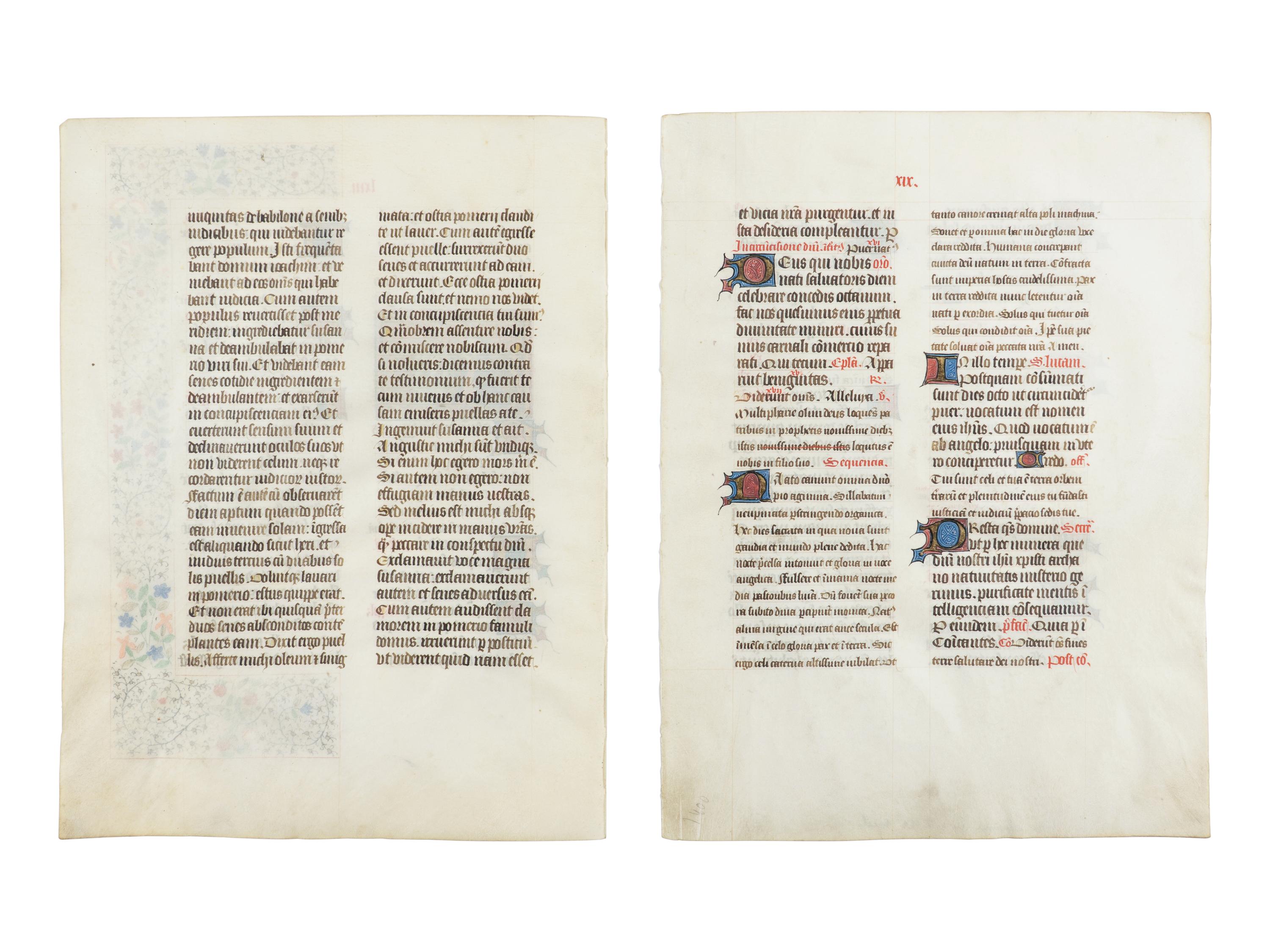 BREVIARY WITH MODERN ILLUMINATION Two leaves from a Breviary, with a modern miniature of the Nativity, in Latin, illuminated manuscript on parchment [France, Loire Valley, c. 1450–1460 (text); modern (illumination)]