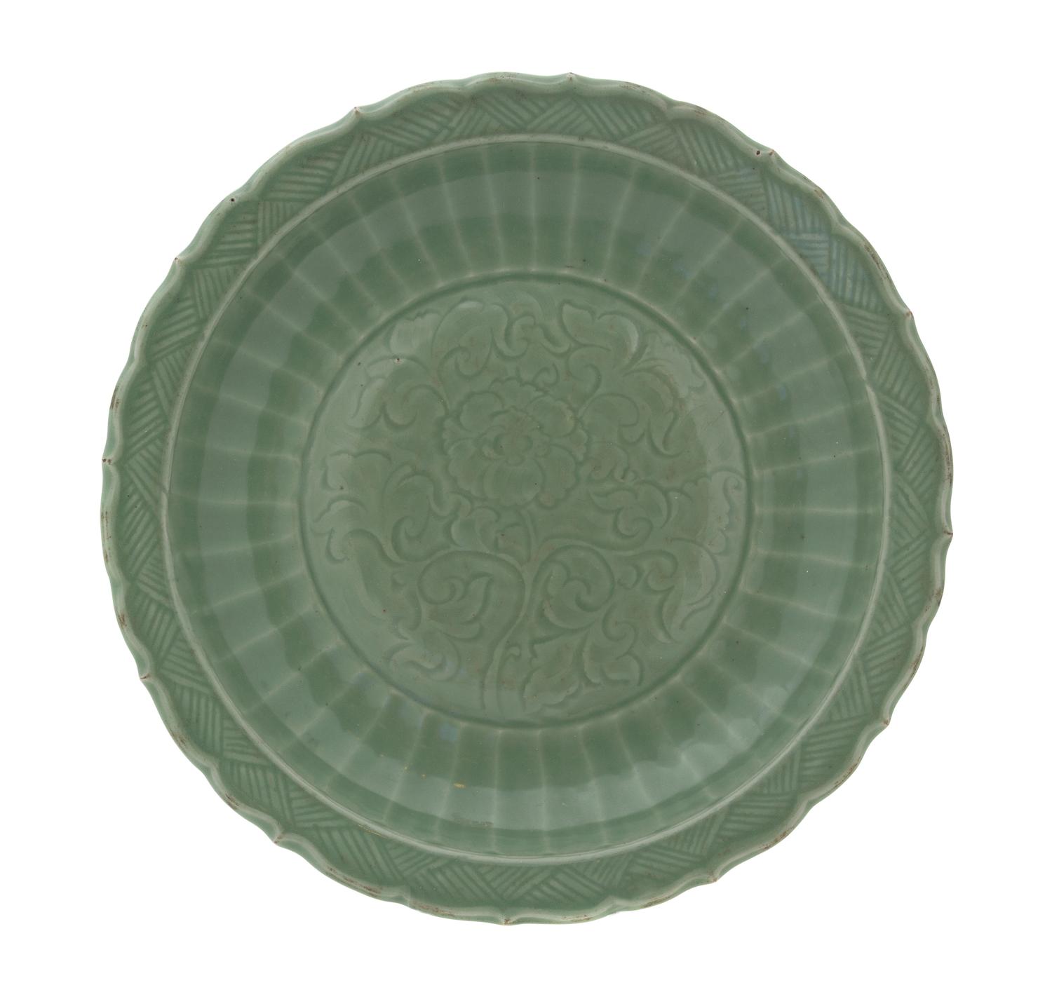 A Longquan Celadon Glazed Porcelain Charger Diameter 15 7/8 inches.