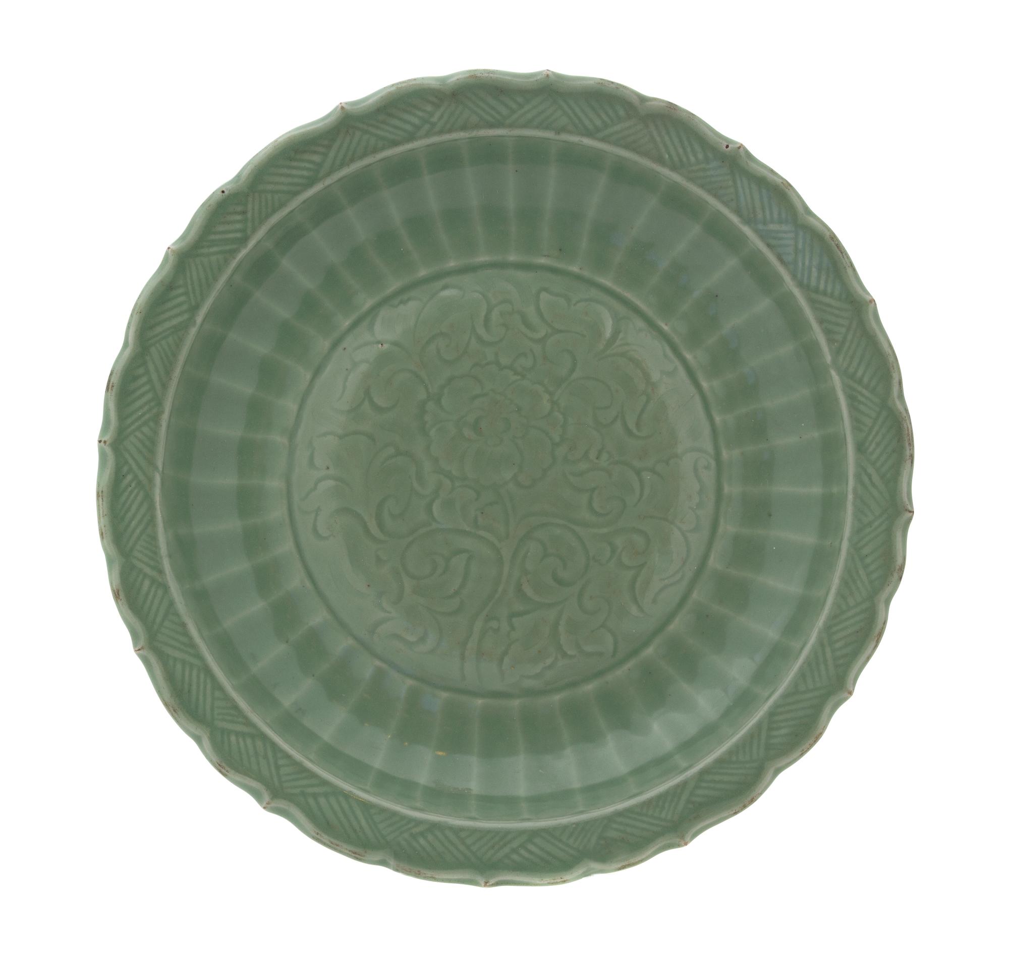A Longquan Celadon Glazed Porcelain Charger Diameter 15 7/8 inches.