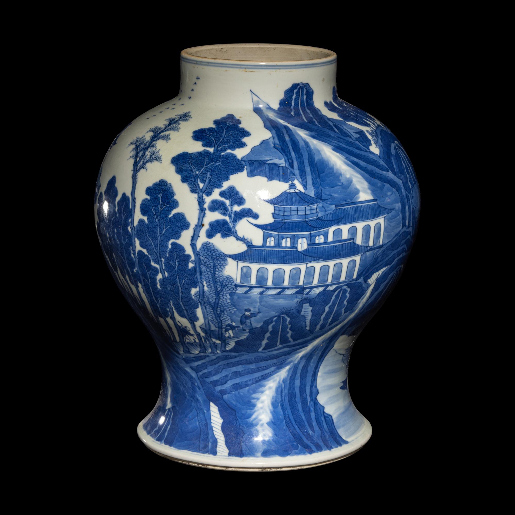 A Chinese Blue and White 'Landscape' Porcelain General Jar, 18th/19th Century 清中期 青花山水圖將軍罐